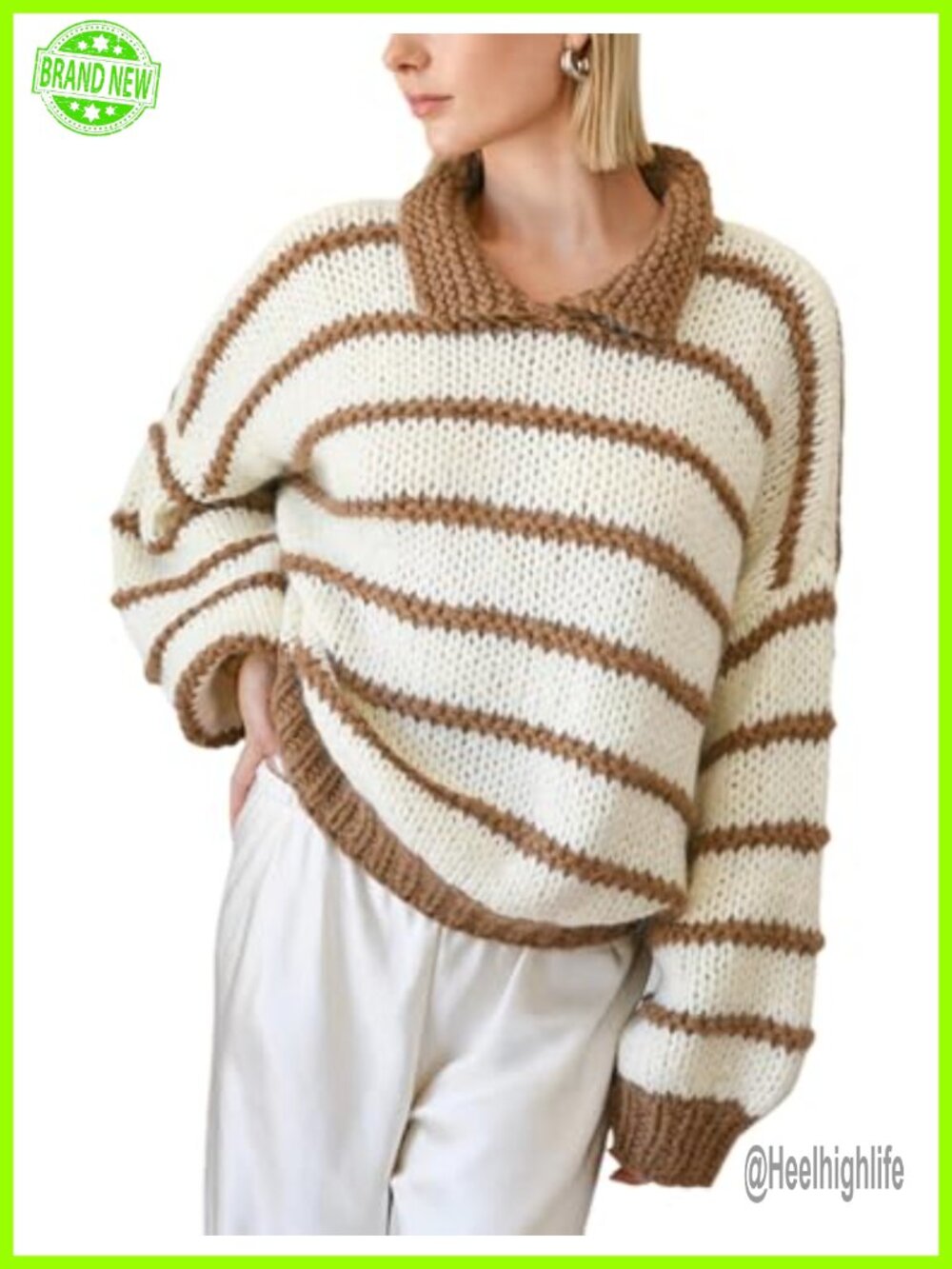Oversized Striped Crewneck Drop Shoulder Balloon Sleeve Knit Pullover Sweater